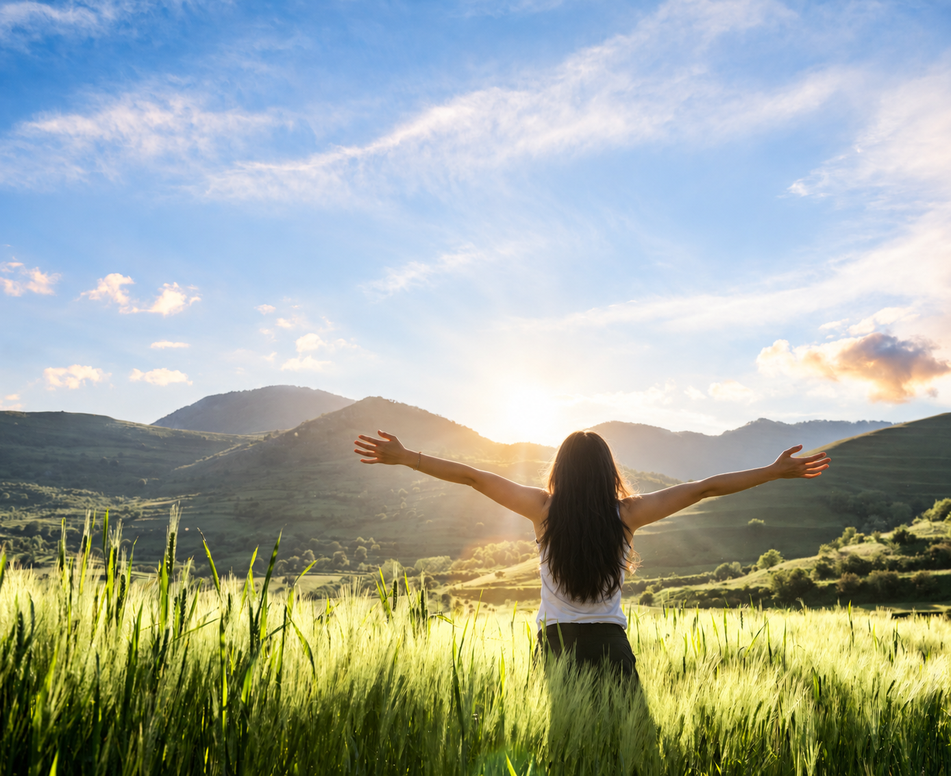 Woman standing in a golden grain field with arms outstretched toward the sun over rolling hills
